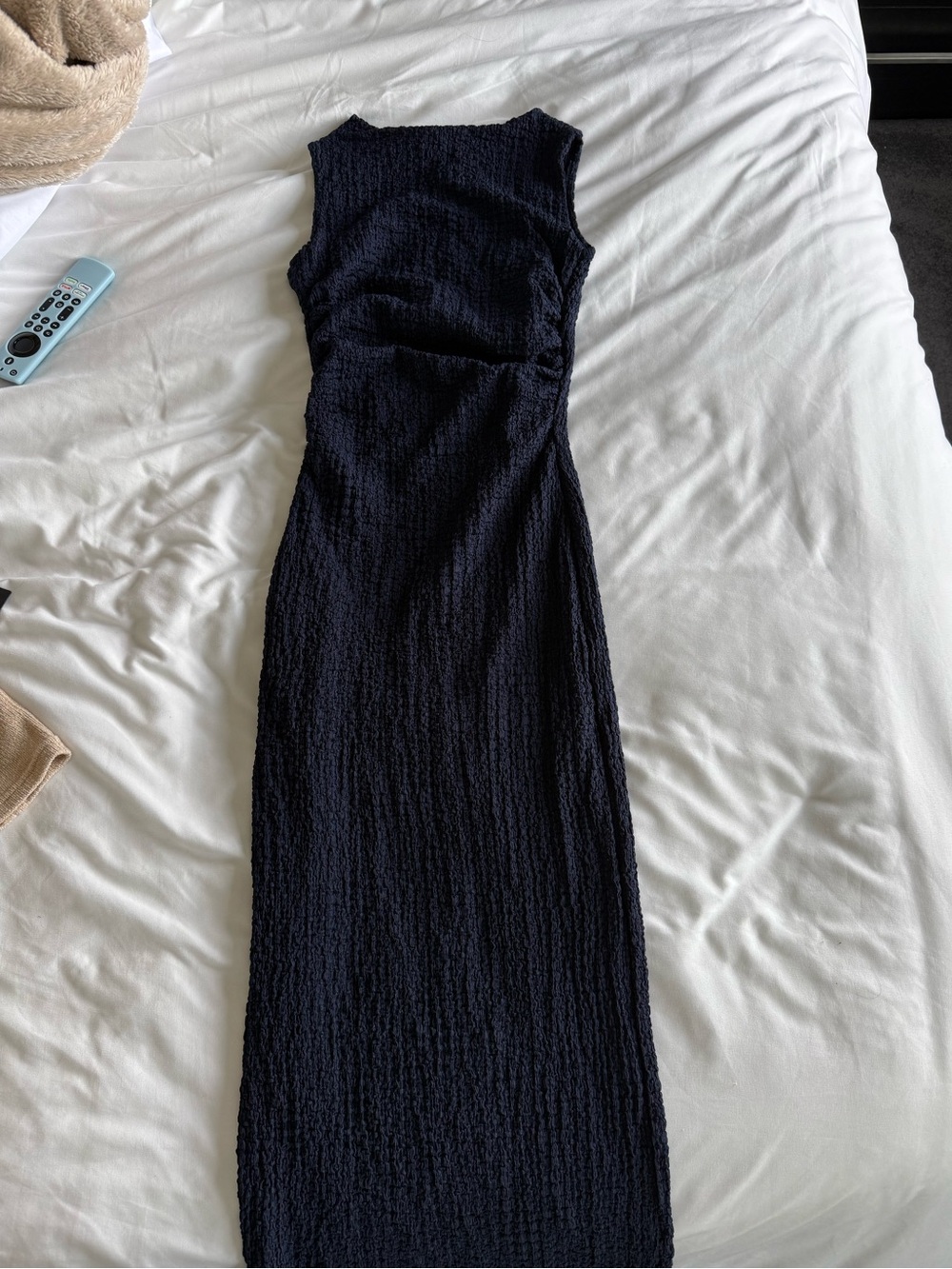 Navy blue mid length body con dress with ruching